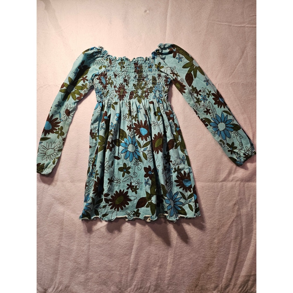 Vintage Y2K Girls Floral Smocked Long Sleeve Dress Blue Brown Size 4